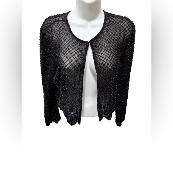 VTG Scala 100% Silk Beaded Short Bolero Jacket Scalloping L Black Formal Wedding - Picture 1 of 11